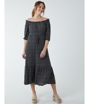 Off Shoulder Shirring Elastic Midi Dress