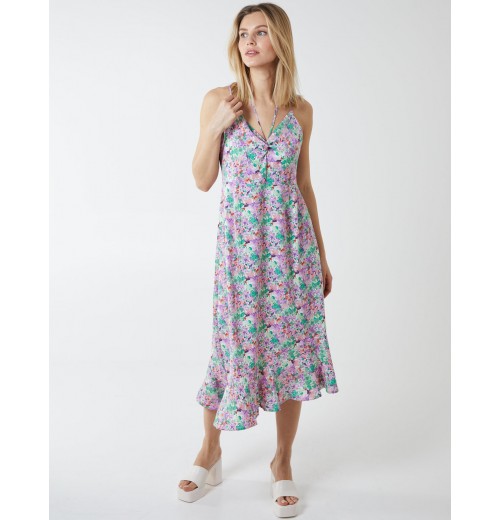 Twist Front Floral Print Midi Dress