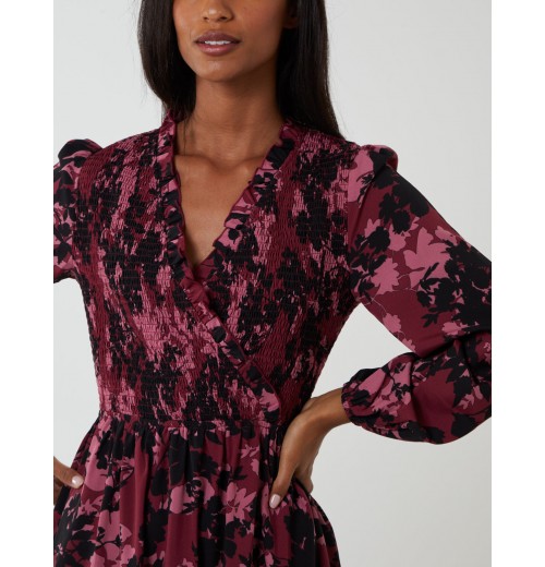 Shirred Bust Wrap Midi Dress