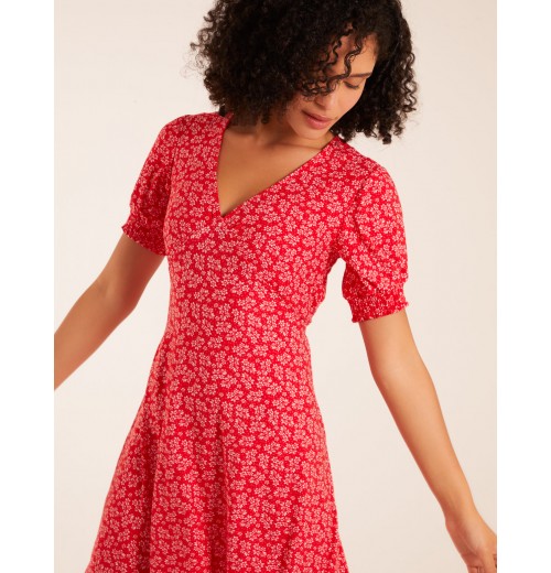 Shirring Cuff Sleeve Tea Dress